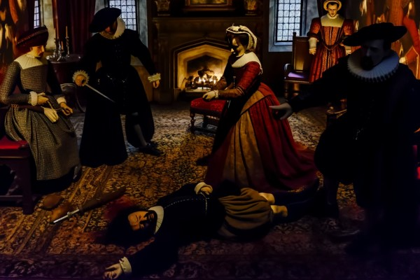 Reconstructed scene of the murder of David Rizzio in Mary, Queen of Scots' private apartments at Holyroodhouse.